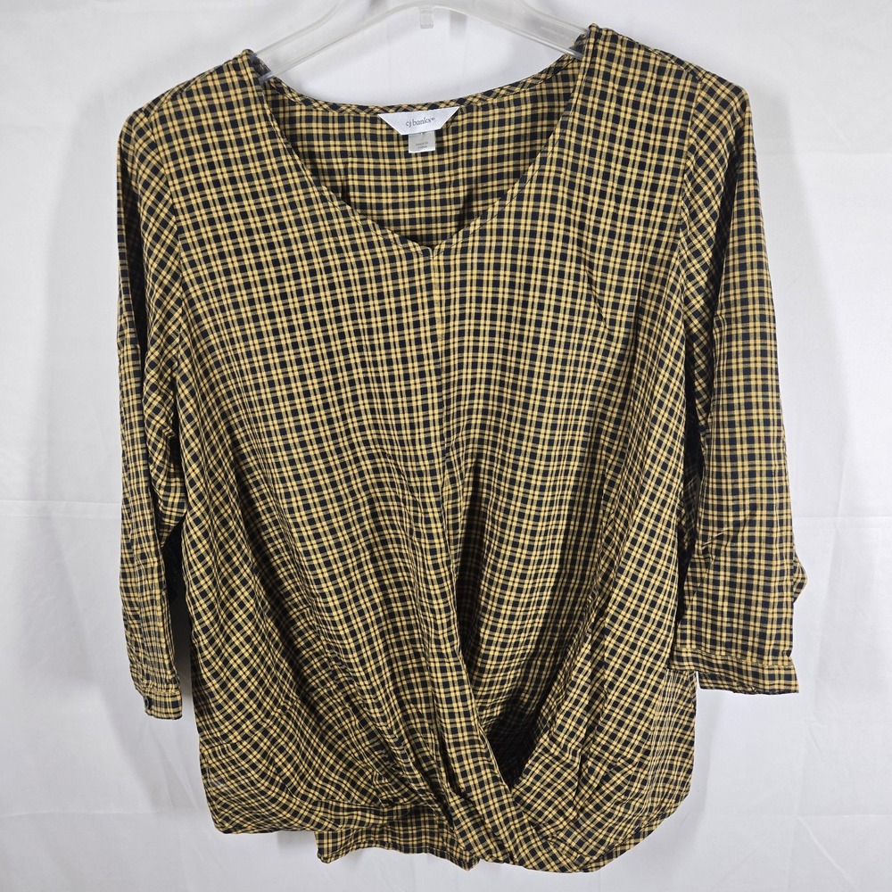 CJ Banks Women's 1X Plaid Twist Front‎ Top Yellow Black Long Sleeve